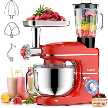 Stand Mixer, BABROUN 6 IN 1 Multifunctional Electric Kitchen Mixer with 6.5QT Stainless Steel Bowl, 1.5L Glass Jar, Meat Grinder 1