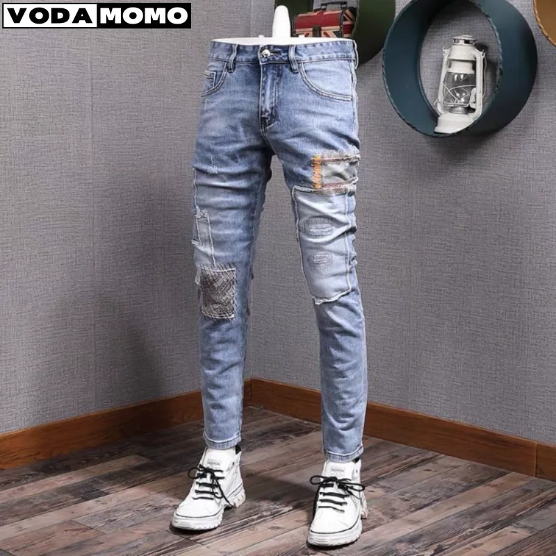 

2023 Brand Clothing Biker Jeans Men Streetwear Long Slim Denim Pant Skinny Mid Waist Slight Elastic Cotton Trousers Male