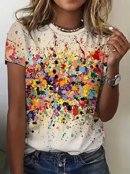 Summer Women's T Shirt Colorful Abstract Print O Neck Casual Short Sleeve Tees Female Overszied Clothing Fashion Street Pullover