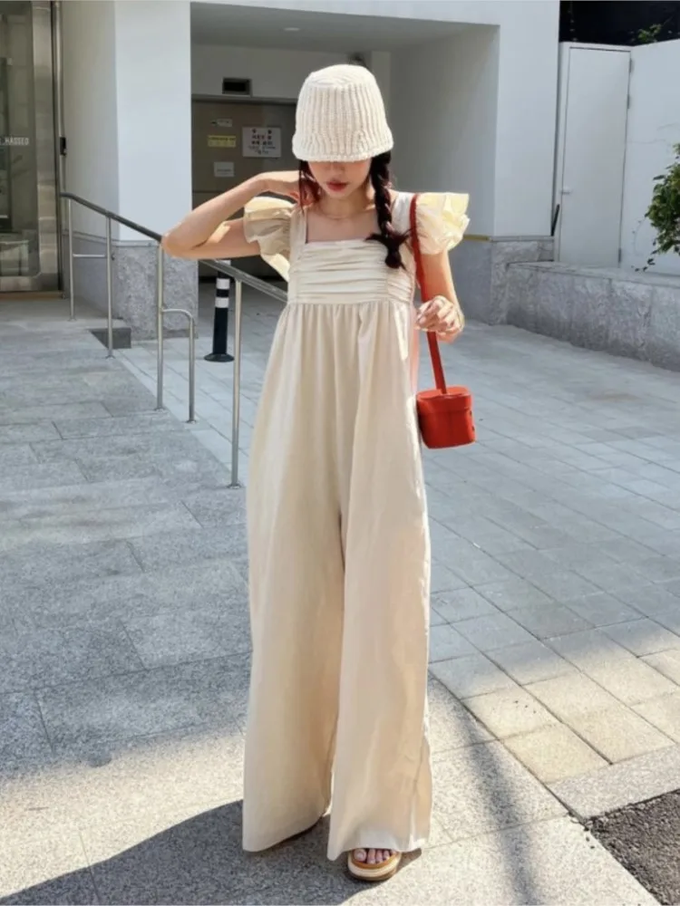 Summer Sleeveless Slip Jumpsuit Women Wide Leg Loose Korean Style Ladies Jumpsuits Casual Fashion Ruffle Woman Long Jumpsuits