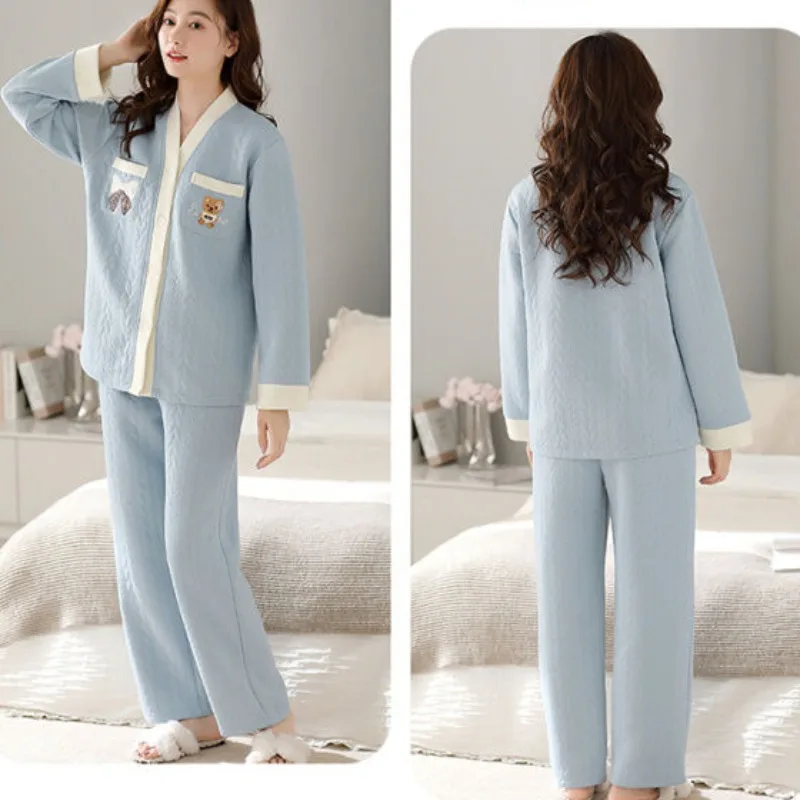 2023 New Autumn Winter Thickened Loungewear Pure Cotton Sandwich Women's Pajamas Large Size Loose Thin Homewear V-neck Nightwear