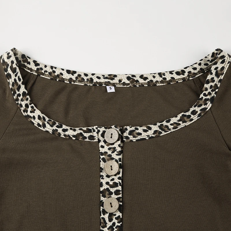 Y2k Trendy Retro Irregular Women¡¯s Tops Long Sleeve Patchwork Leopard Square Collar Button Chic Ripped T-Shirts