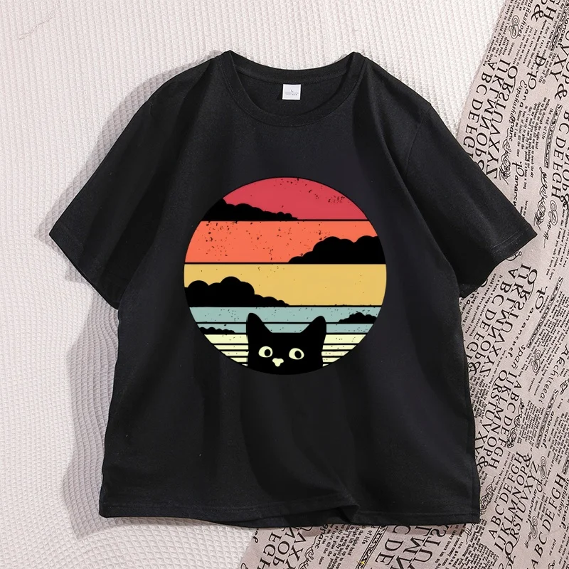 Vintage Black Cat Sunset Graphic Unisex T-Shirt - Cool Streetwear, Casual High-Quality Cotton Y2K Tee