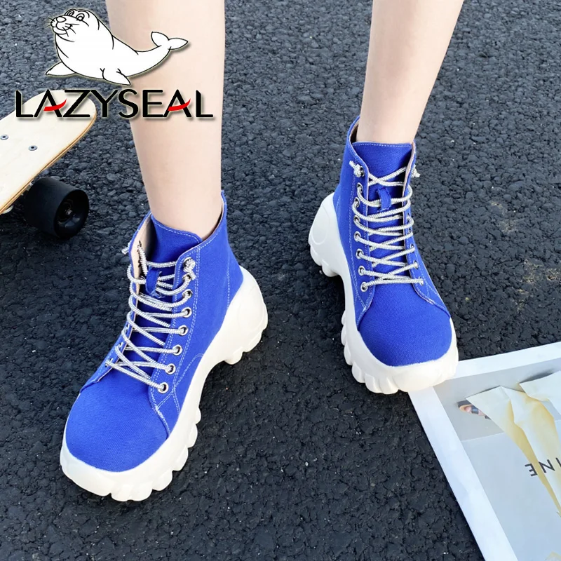 

LazySeal Women Chunky Heel Sneakers Boots 8cm High Heels Canvas Fashion Women Shoes Lace Up Solid Color Black Walking Shoes