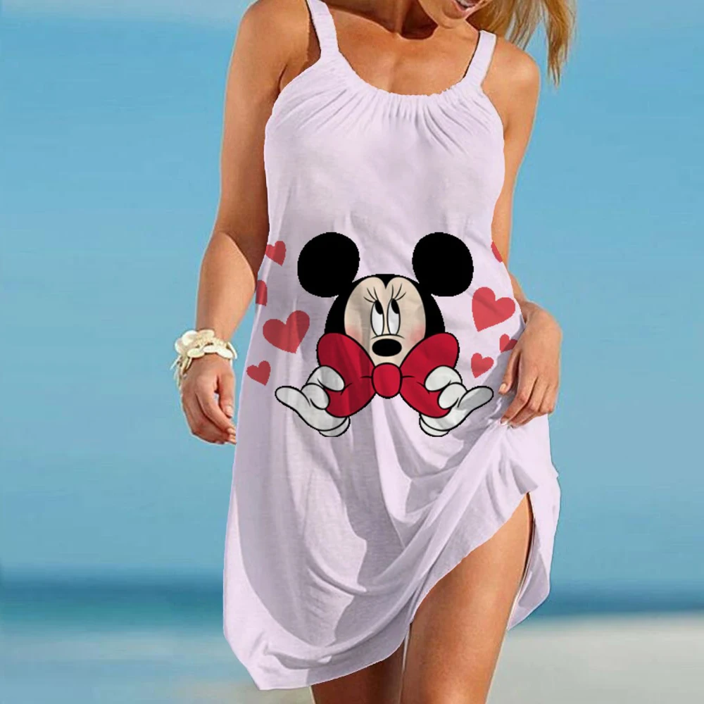 

Disney Minnie Print Women Fashion Dress Midi Summer Sexy Beach Dress Cartoon Sleeveless Party Dress Elegant Sundress Hem