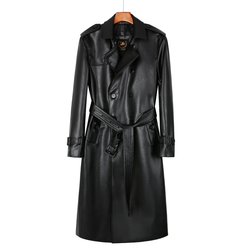 men's leather trench coat long knee length double breasted