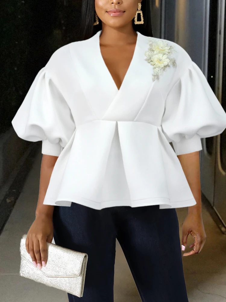 

Women Blouse Shirt V Neck Tops Half Lantern Sleeve High Waist Peplum Lace Flowear Evening Event Party Large Size 4XL Office Lady