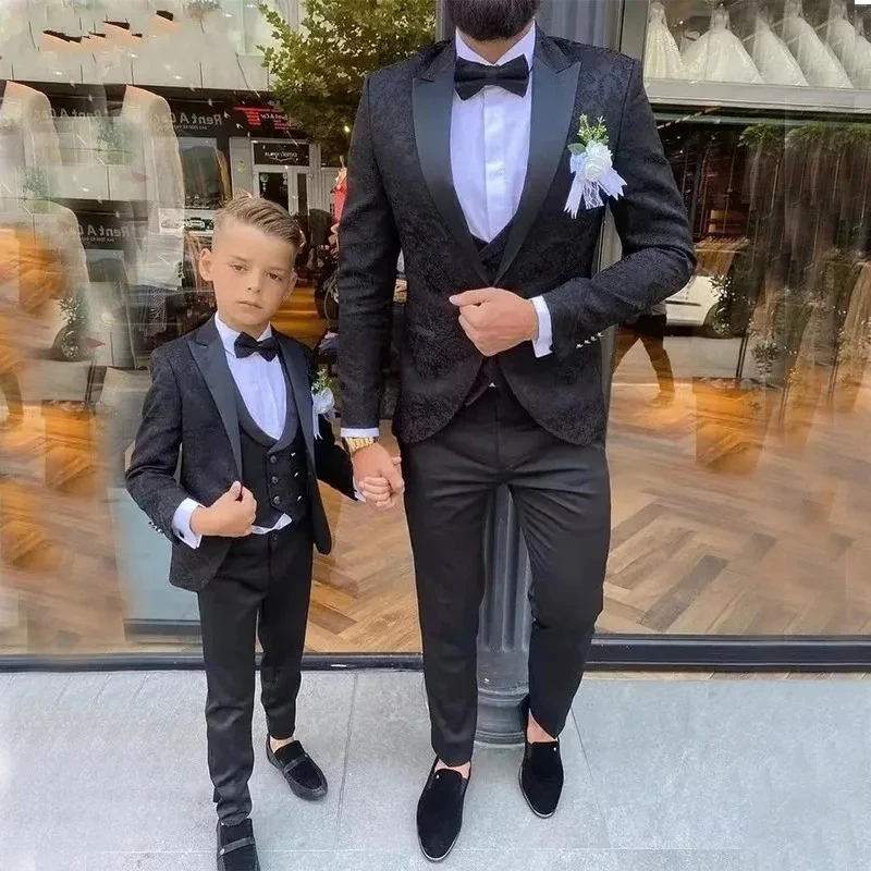 Black Jaquard Wedding Suits for Men Peaked Lapel Blazer Sets Custom Groom Tuxedos trajes de hombre boda Jacket+Vest+Pant