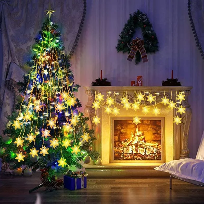 Cortina De Luces Navideñas Copos De Nieve 2x1m - 104 LED, 8 Modos, Control Remoto - Funciona Con Baterías O USB, IP44 Impermeable - Para Interior Y Exterior