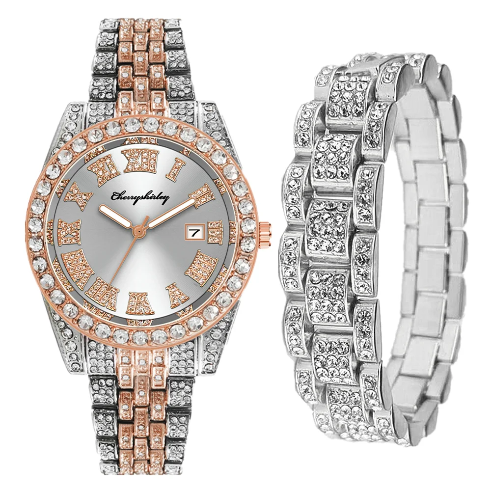 Full Iced Out Watches Men's Bracelet Green Water Ghost Bling Jewelry for Men Gold Wristwatch Hip Hop Women Set Clocks Boys Gifts