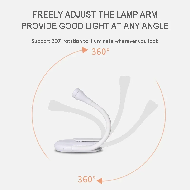 Book Light LED Mini Portable Clip Night USB Charging Dimmable 360&deg; Flip For Bedroom Camping