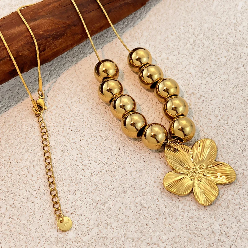 Hiphop Rock Stainless Steel Ball Flower Butterfly Necklace Exaggerated Waterproof Beads Beaded Necklaces Handmade Punk Jewelry
