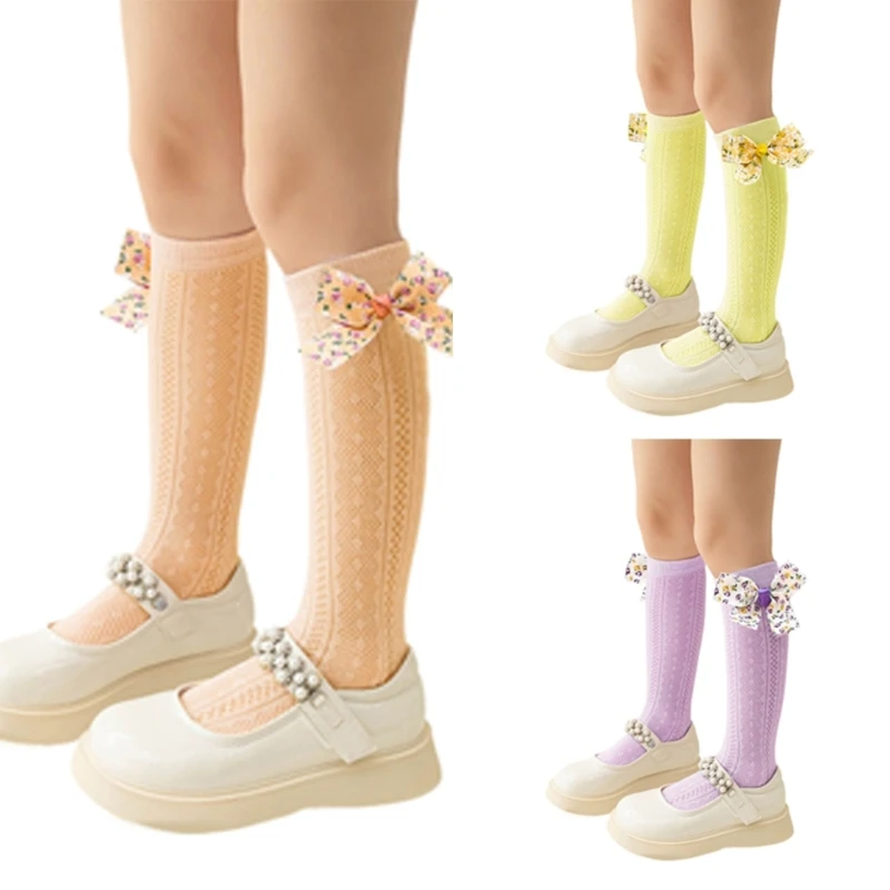 

57EE Breathable In Tube Socks Solid Calf Length Socks with Bowknot Decors for Girls