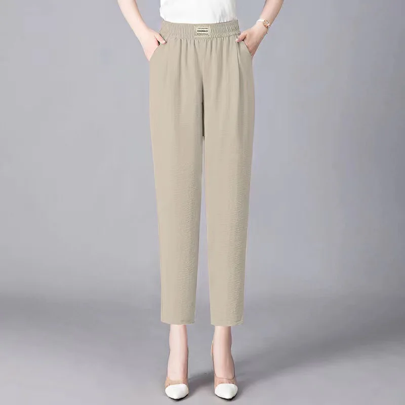 Summer Women's 2024 Spliced Elasticized High-waisted Pocket Fashion Solid Color Loose Minimalist All-match Harlan Casual Pants