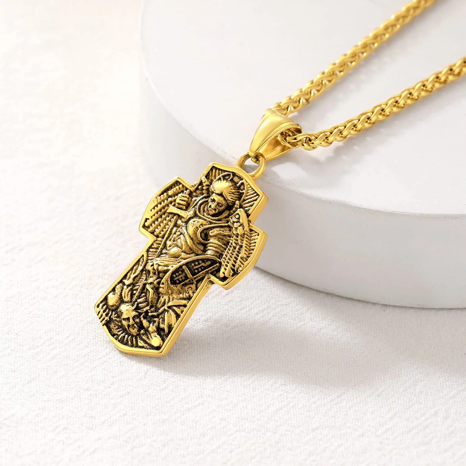 U7 Saint Michael The Archangel Necklace Stainless Steel Gold Color Catholic Amulet Gift St. Michael Cross Pendant for Men Women