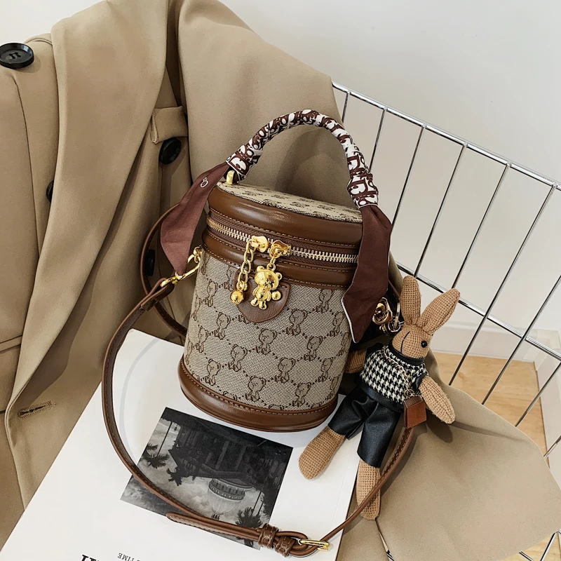 Mini Bear Cylinder Handbag, Scarf Decor Crossbody Bag, Women's Pu