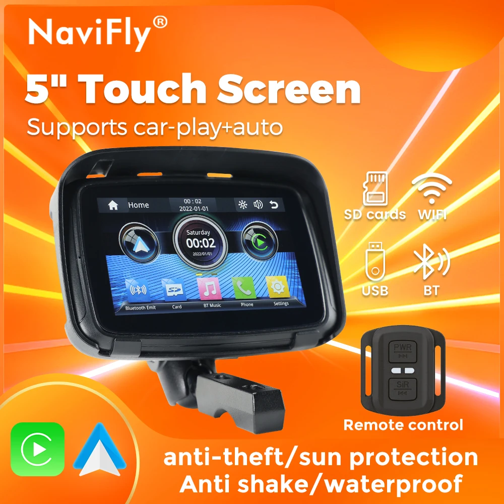 Navifly 5-inch screen IPX7 waterproof motorcycle display car wireless carplay Android auto BT motorcycle portable navigation GPS