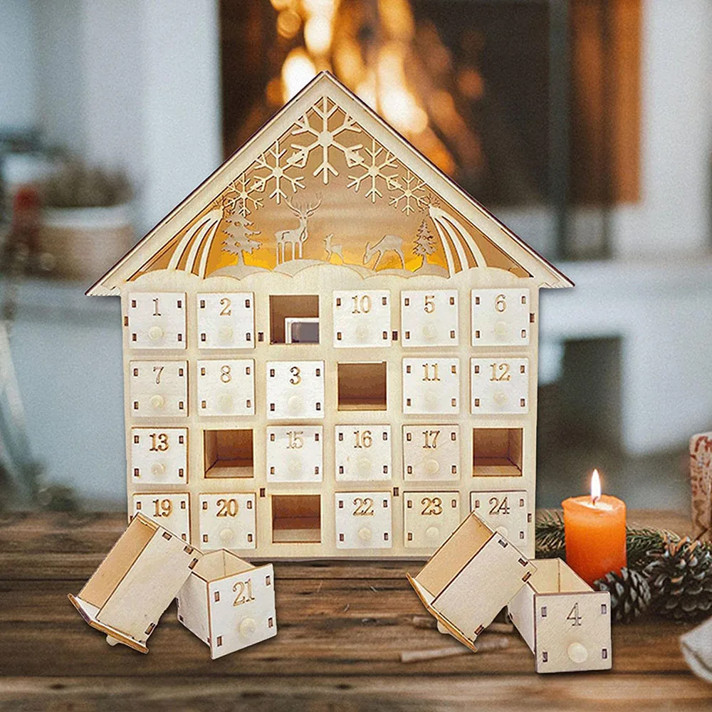 Christmas 24 Day Countdown Calendar With Light Wooden Drawer Home Decor Ornament For Kids Light Up Gifts Candy Drawer Organizer