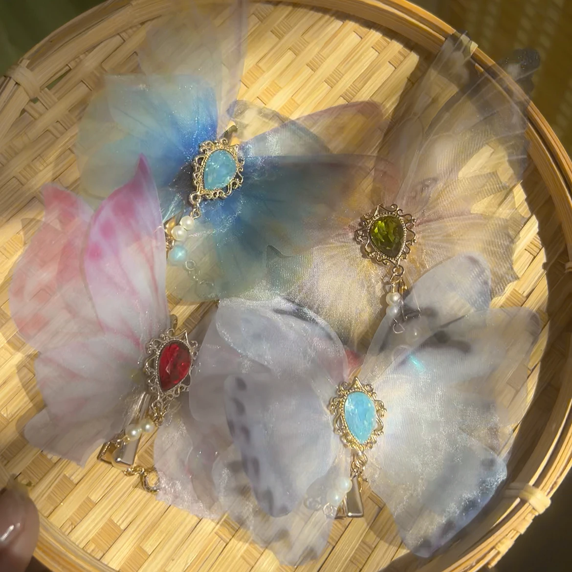 Antique Artificial Silk Butterfly Barrettes Headdress for Han Chinese Clothing Side Clip Hot Printed Pattern Hair Accessories