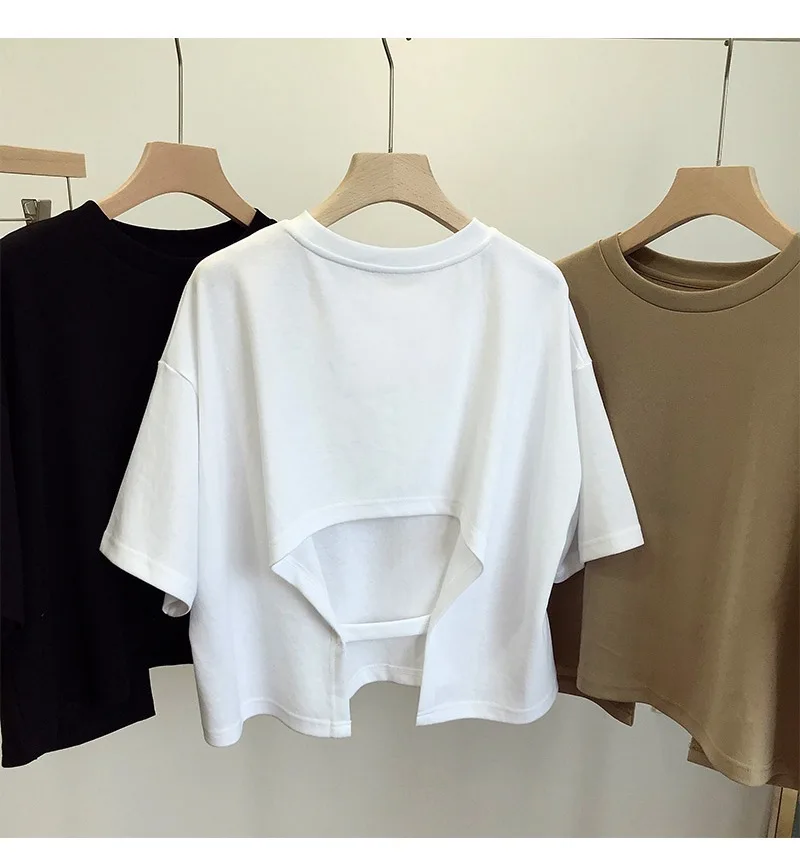 Summer Clothes Korean Sexy Backless Short O-Neck Women Casual Solid Color T-Shirt Short Sleeve Girl Tee Shirt Fashion Tops 6