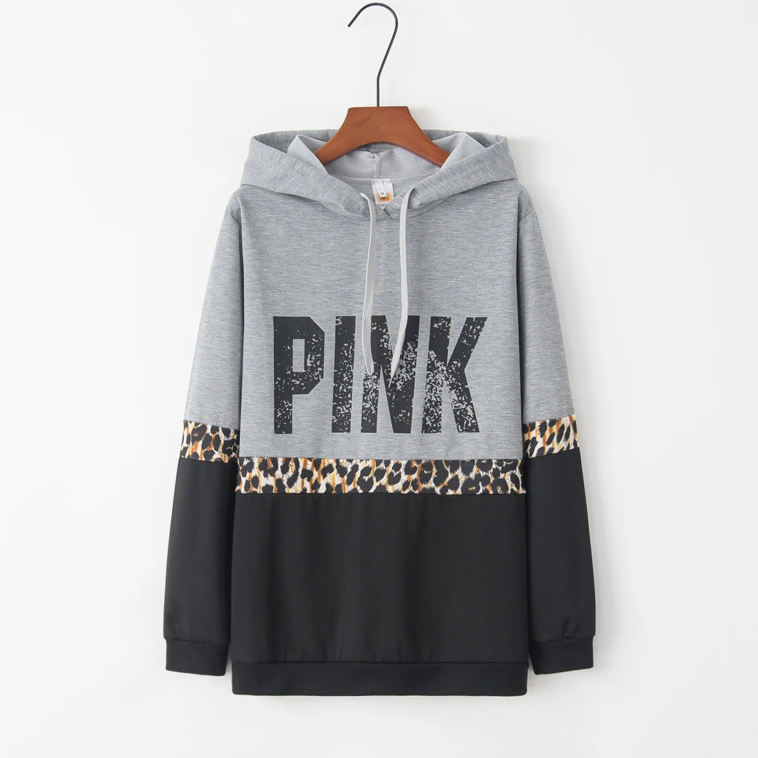 2023 Ladies PINK Letter Print Full Sleeve Hooded Sweatshirt Leopard Print Black Grey Casual Costume New Arrival Cotton Women Top new arrival model show exhibitor 6 options black velvet jewelry display for woman necklaces pendants mannequin jewelry stand