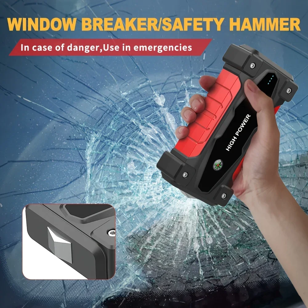 2500A Car Emergency Battery Booster for 8.0L Gas/6.0L Diesel Engines Built in Safety Hammer QC3.0 Fast Charging Dual USB Ports