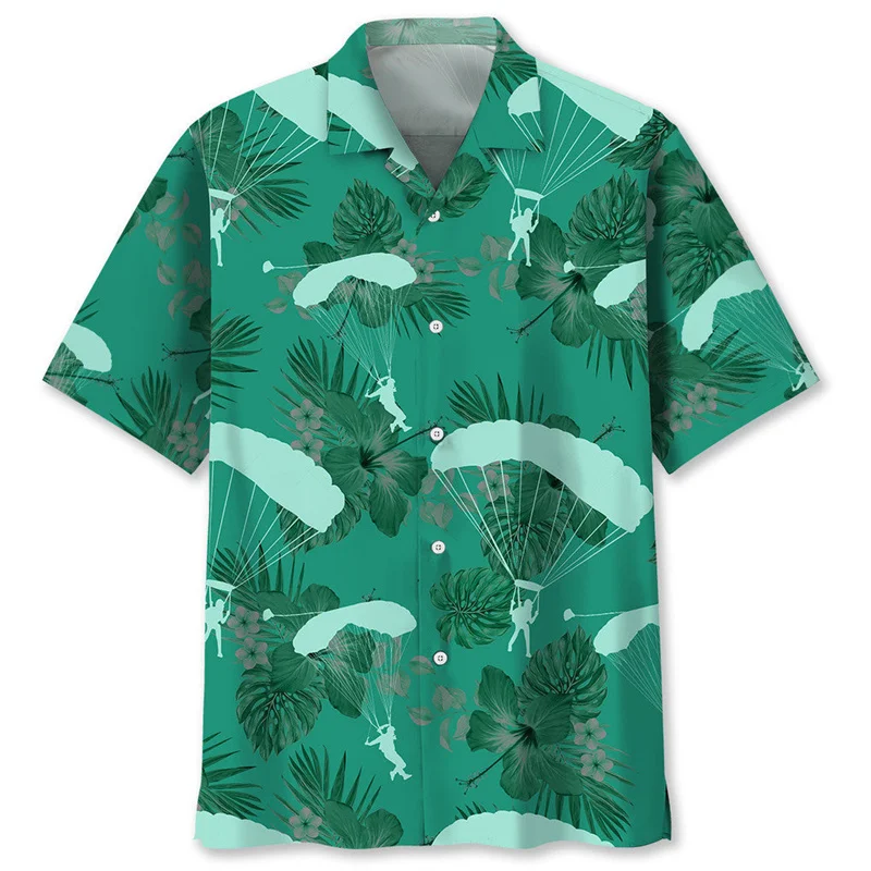 thumbnail image 1 of Camisa hawaiana con estampado de paracaidismo para hombre, camisas de flores tropicales con estampado 3D a la moda, blusa de manga corta con solapa y botones para verano, 1 of 5