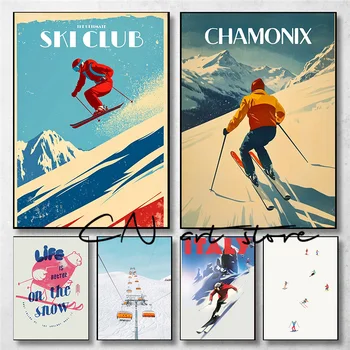 Vintage Ski Lift Sci Inverno Italia Neve Montagna Paesaggio Ski Club Art Poster Tela Pittura Stampe murali Immagine Home Decor 1