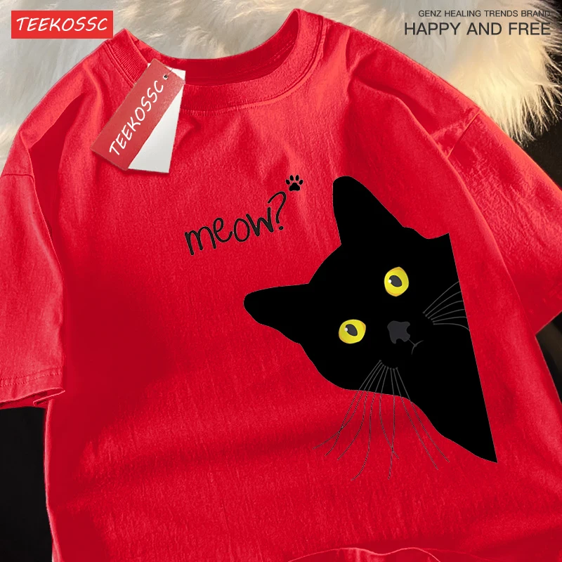 Meow The Black Cat Stared Intently Short Sleeve Men Women Breathable O-Neck T-Shirts Summer Cotton Tshirt Fashion Oversized Tops