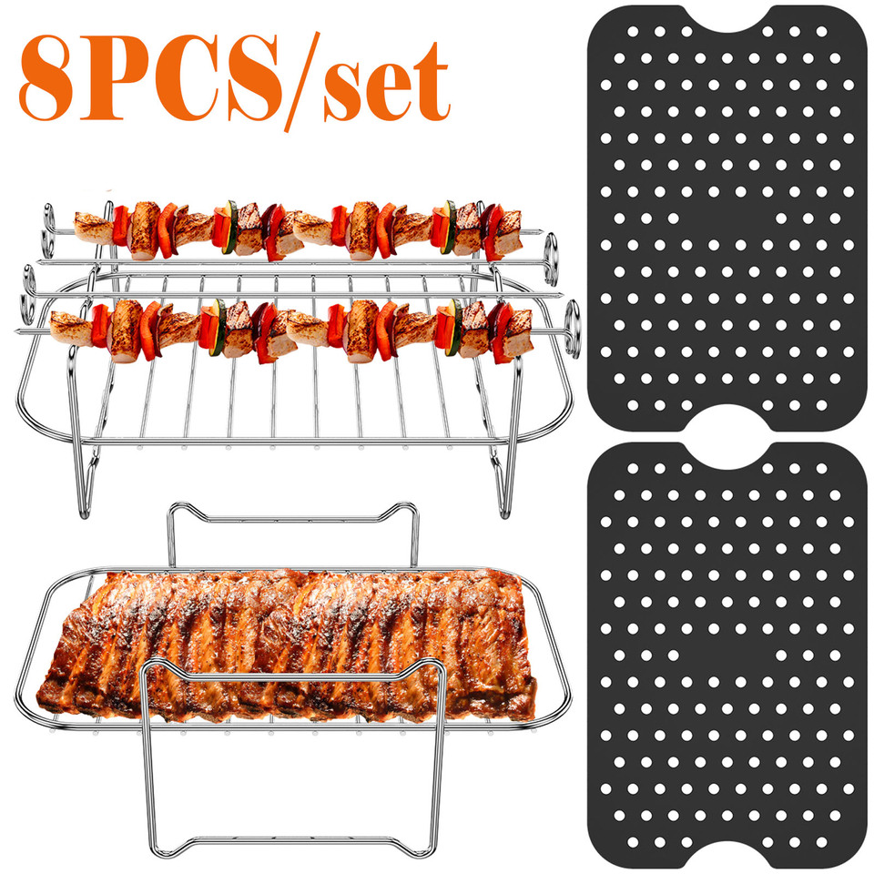 8Pcs Multifunctional Roasting Rack with 2 Silicone Mat 2 Stainless Steel Air Fryer Rack with 4 Skewers for Air Fryer BBQ Tools