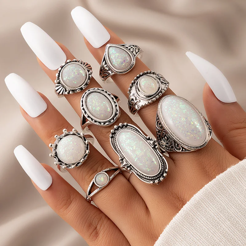 Ring Set Tocona Vintage Antique Silver Color Rings Sets Colorful Opal Crystal Stone Rings for Women Men Bohemian Jewelry
