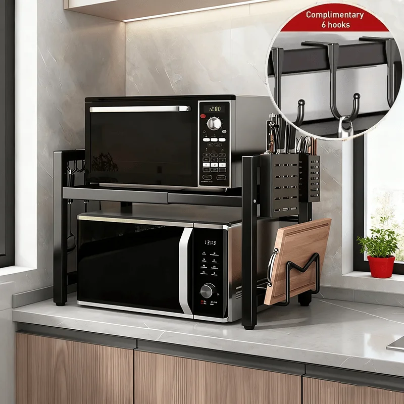 1pc Heavy-Duty Expandable Microwave Stand,Kitchen Storage Shelf,Adjustable 2-Tier Carbon Countertop Organizer