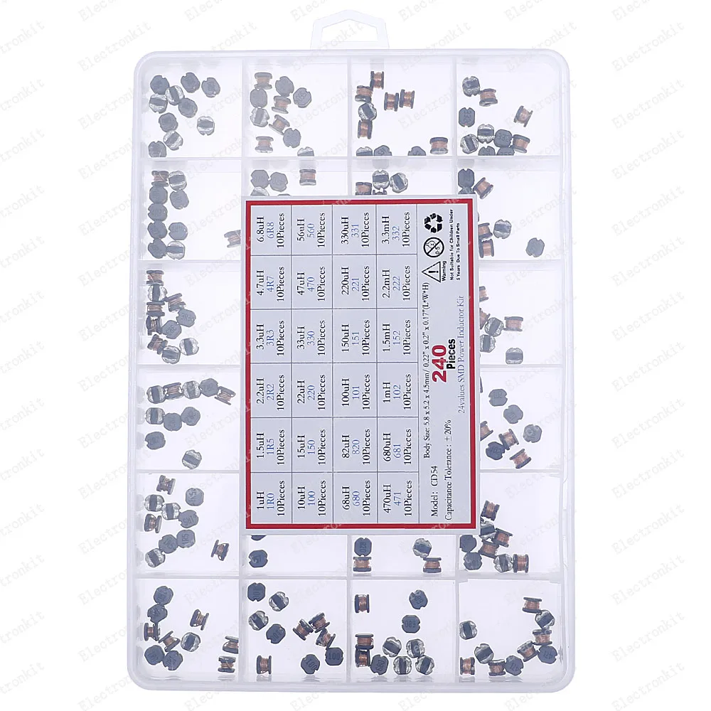 240pcs 24value CD54 SMD Power Inductance Box kit 2.2/3.3/4.7/6.8/10/22/33/47/68/100/220/330-680uH 1mH Wire Wound Inductance