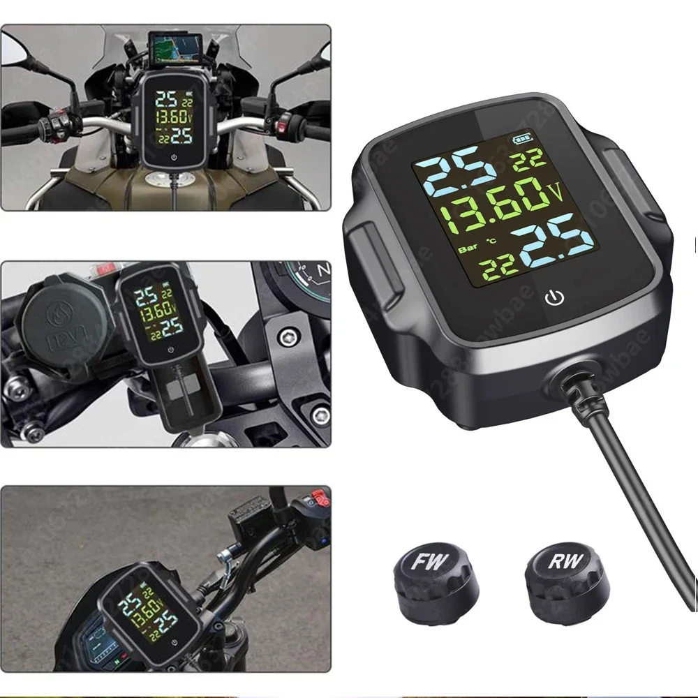 

Tire Pressure Detector Motorcycle Tire Pressure Monitor Monitoring System with 2 Waterproof External Sensors Support USB Output