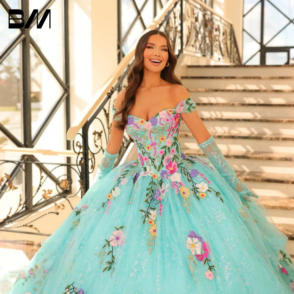 Colorful Flowers Chic Ball Gown Quinceanera Dress Shiny 15 16 Birthday Lace Up No Gloves Evening Dress Sweet Party
