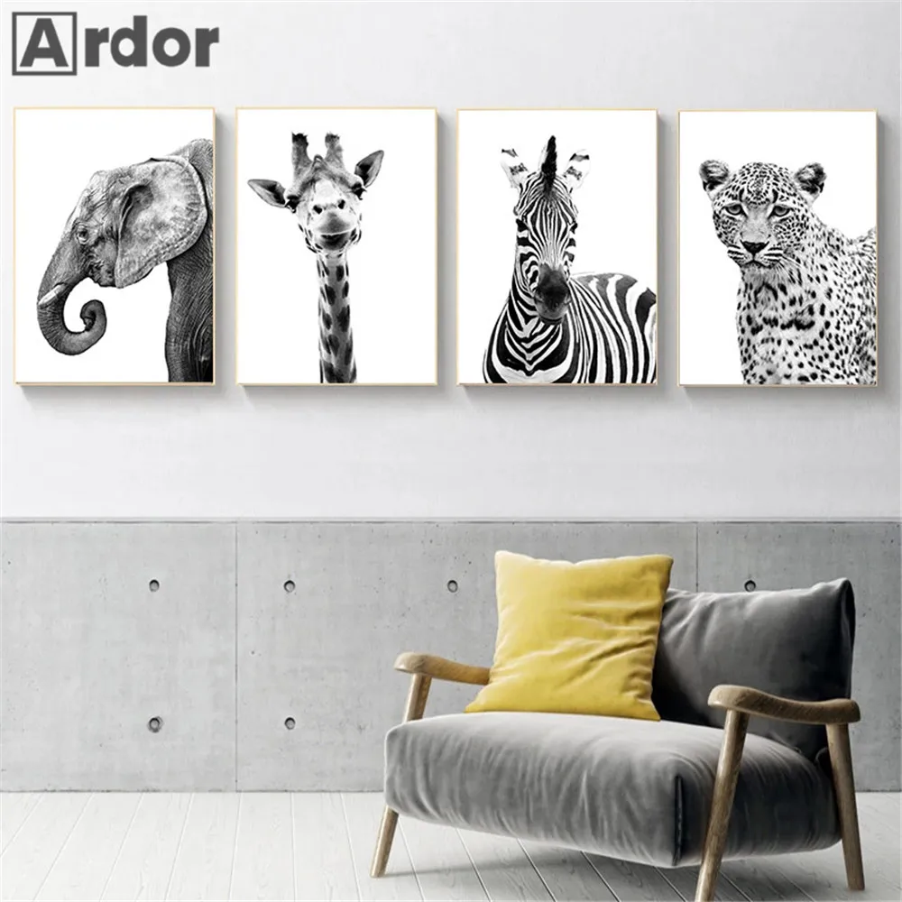 

Black And White Giraffe Elephant Zebra Posters Canvas Painting Animal Art Print Nordic Poster Wall Pictures Living Room Decor