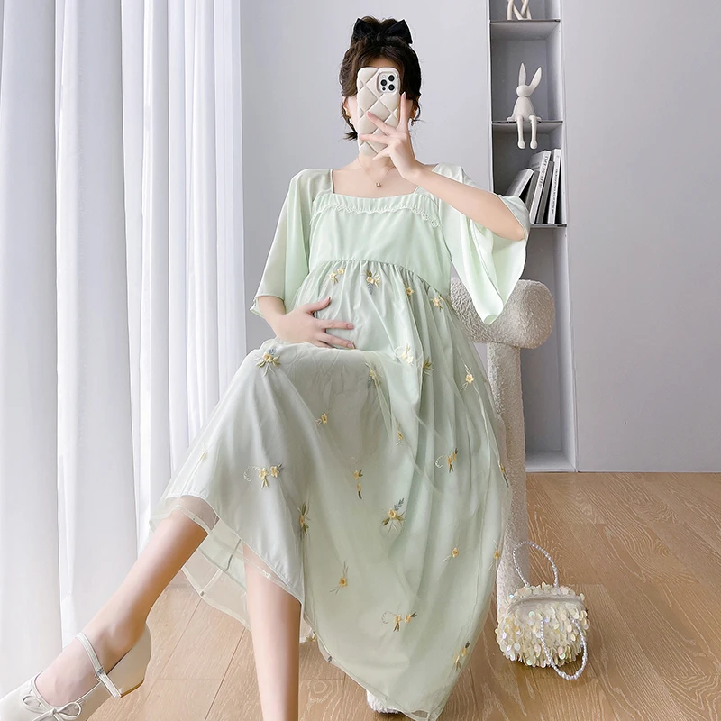 

Fashion Pregnant Woman Summer Dress Half Flare Sleeve Square Collar High Waist Maternity Embroidery Mesh Dress Elegant Clothes