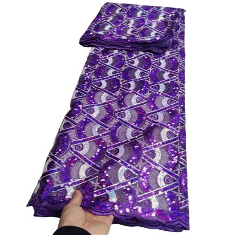 

Фиолетовая африканская кружевная ткань с блестками 2023 5 ярдов Высокое качество французская нигерийская кружевная ткань для жениха для шитья платья свадебной вечеринки