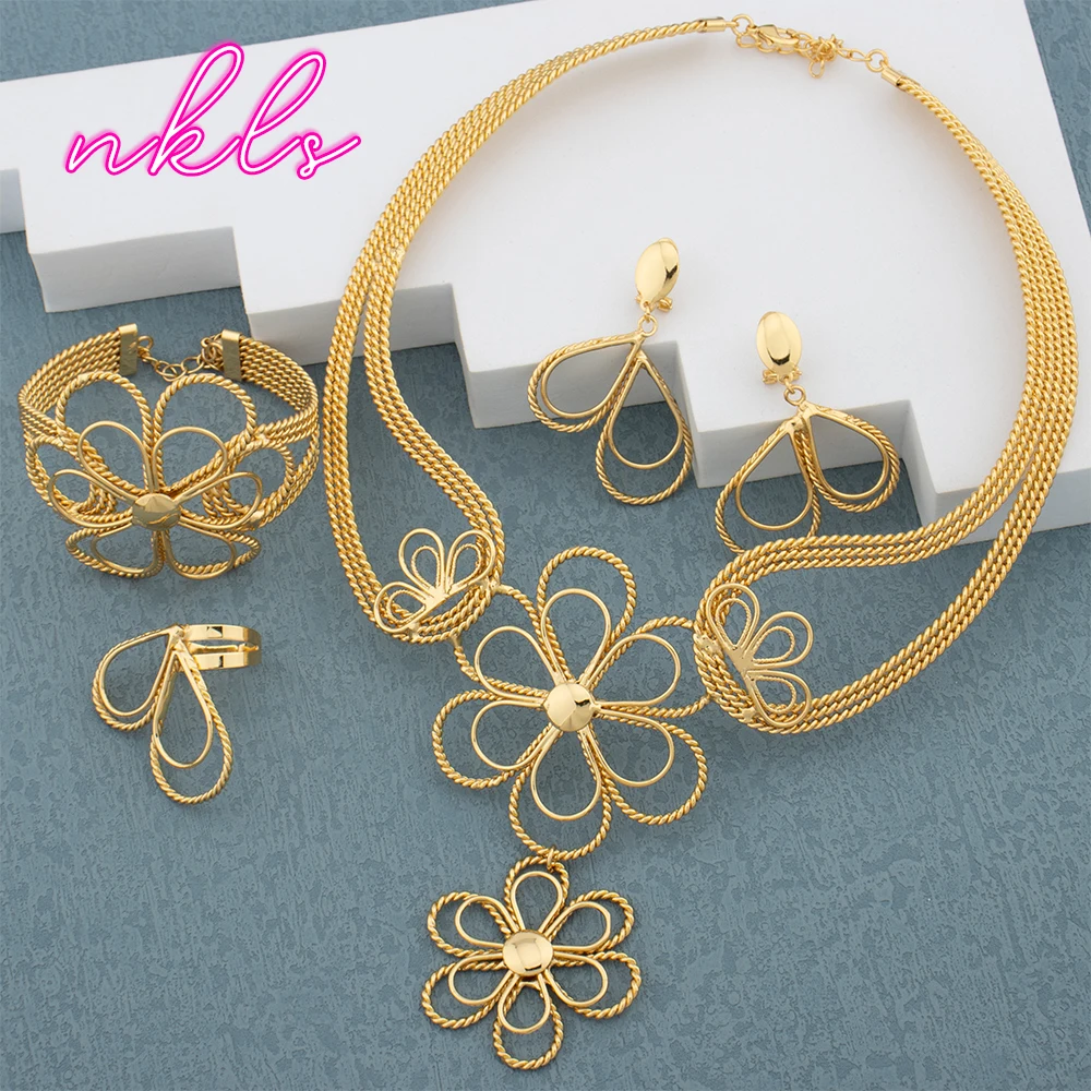 

Brazilian Flower Necklace Jewelry Set Earrings New Bangle Ring Set Dubai Gold Color Jewellery Set Wedding Accessories Gifts