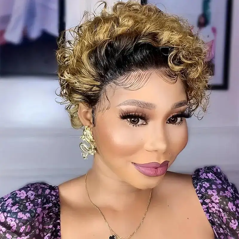 Short Curly Pixie Cut Lace Front Wigs 6 inch, 13X1 Human Hair Lace Front Wigs for Women
