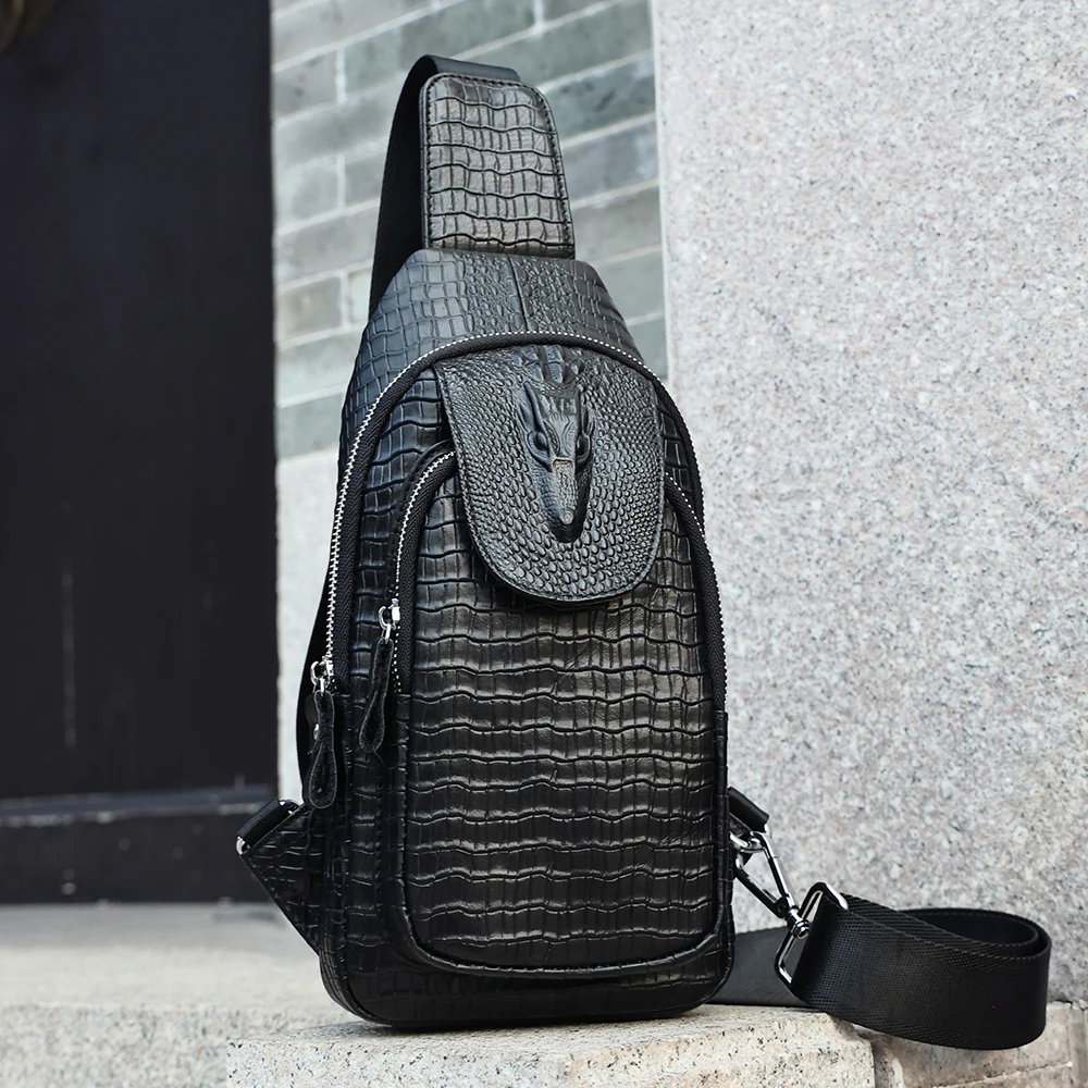 Men's retro shoulder bag crocodile pattern crossbody bag personalized fashion trend genuine leather men's chest bag