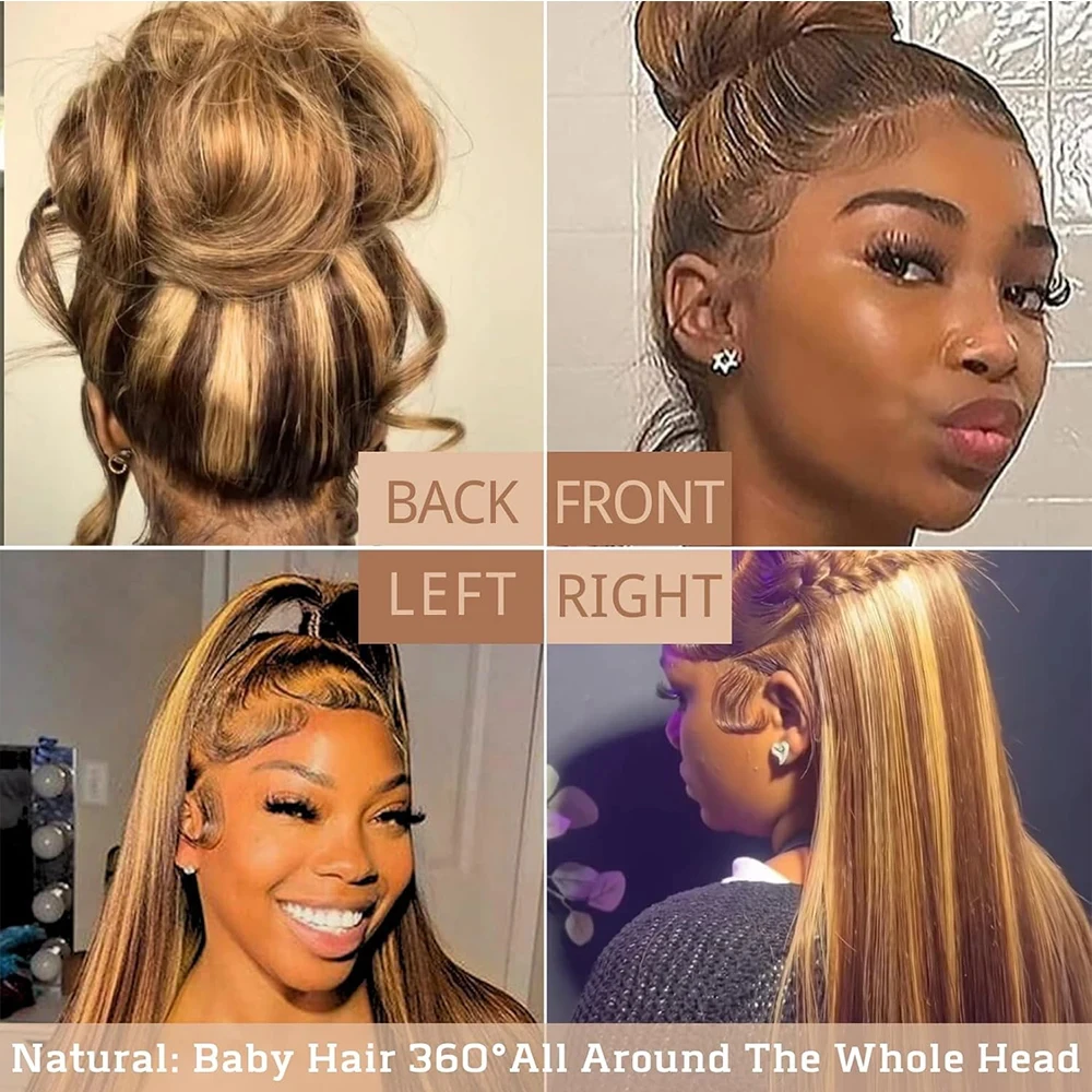 360 Full Lace Wig 250 Density Highlight Human Hair Bone Straight HD Preplucked