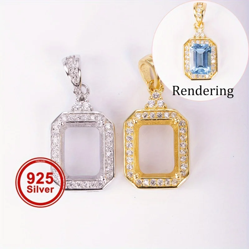 

Multiple size 925 sterling silver rectangle 4 prongs luxury gemstone prong open bezel settings pendant for DIY jewelry making