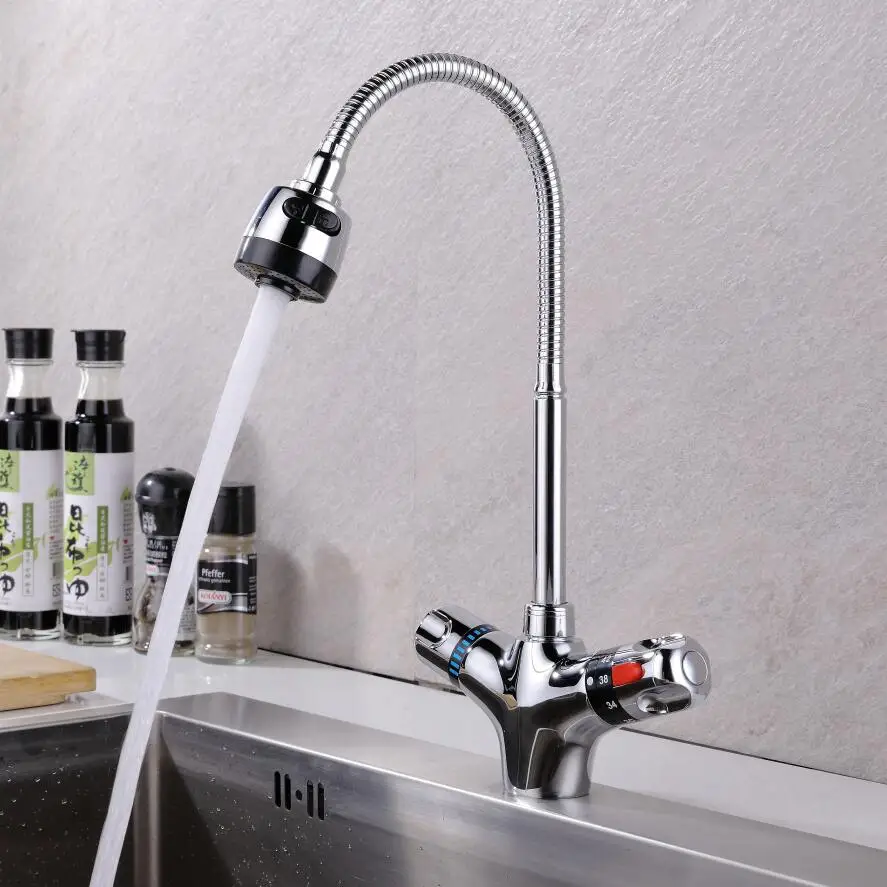 Solid Brass Chrome Finish Kitchen Mixer Tap Thermostatic Faucet for Cold And Hot Water Constant Temperature Basin Faucet