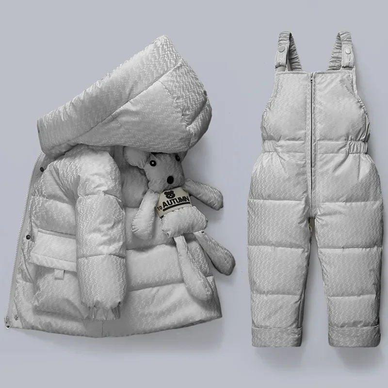 Korean Winter Baby Girl 2PCS Clothes Set Cartoon Bear Hooded Toddler Girl Down Jacket Infant Overalls Jumpsuit 1-3 Year Snowsuit