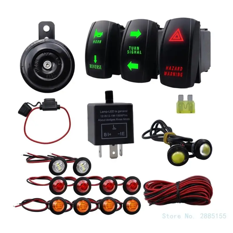 

Universal ATV UTV SXS Turn Signal Set, Street Legal Kit with Horn Reverse Light Rockers Switch Flasher Relays Fuses Wire