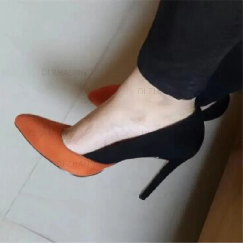 

NEW,Shoes, women's heels pumps, fashion pointed heels, orange and black cashmere leather stitching, 11 cm heels