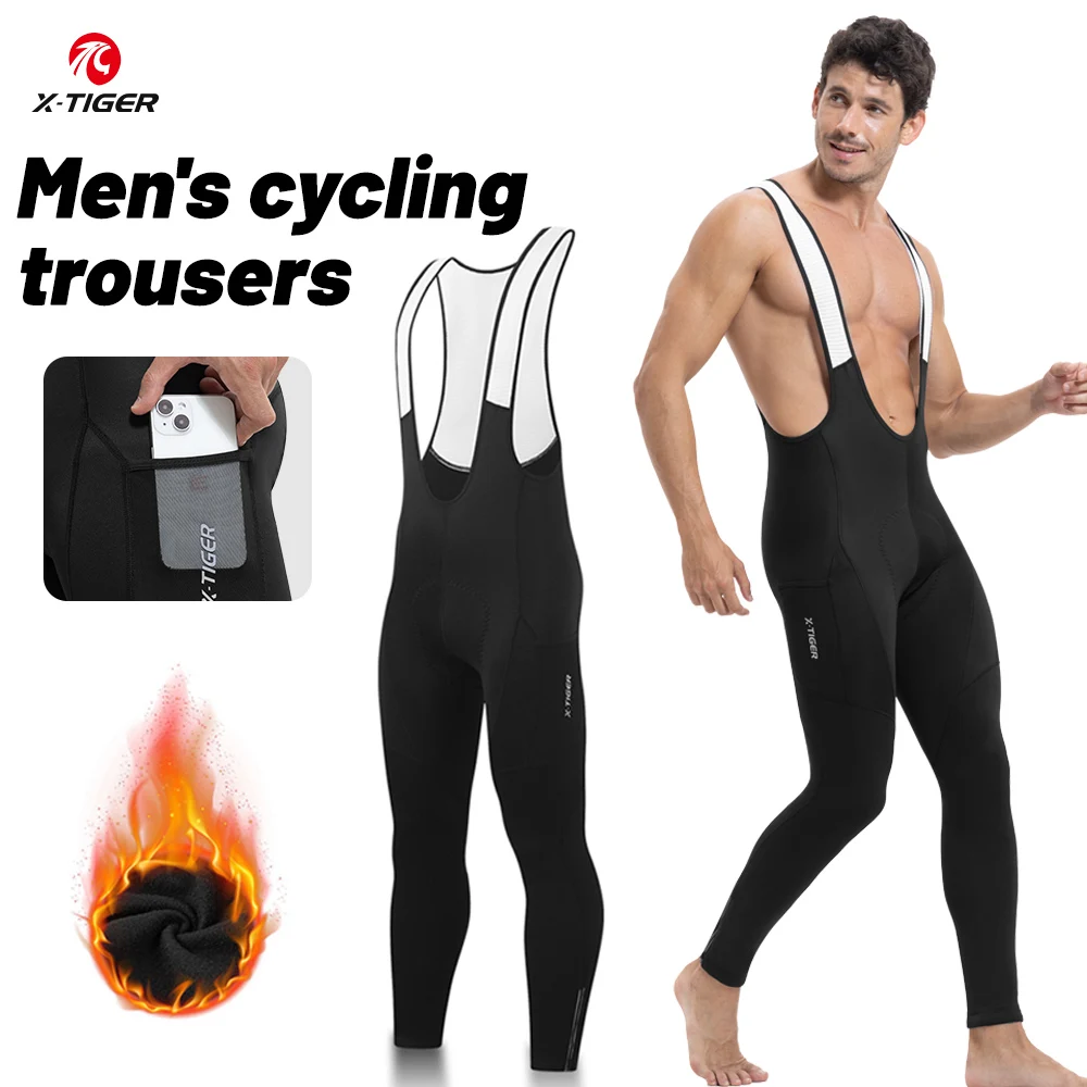 Winter Men's Cycling Trousers X-TIGER Mountain Bike Long Pants 5D Gel Pad Cycling Bib Pants Keep Warm Bicycle Tights
