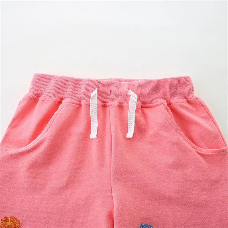 Jumping Meters 2-7T Summer Shorts For Boys Girls Pockets Flower Applique Baby Drawstring Toddler Short Pants Fashion Kid Clothes