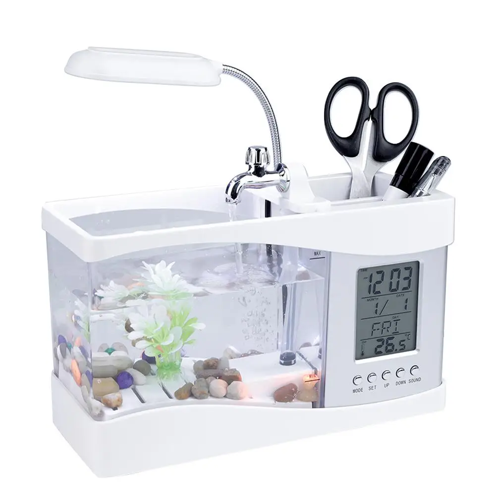USB Rechargeable Mini Desktop Aquarium with LED Light LCD Display & Clock Multifunctional Fish Tank Supplies